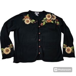 Vintage Tiara s XL Embroidered Knit Button Up Cardigan Sweater
